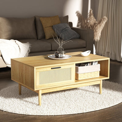 Artiss Rattan Coffee Table with Storage Drawers Shelf Modern Wooden Tables Payday Deals