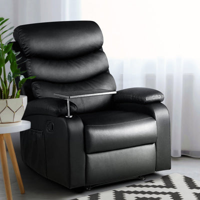 Artiss Recliner Chair Armchair Lounge Sofa Chairs Couch Leather Black Tray Table Payday Deals