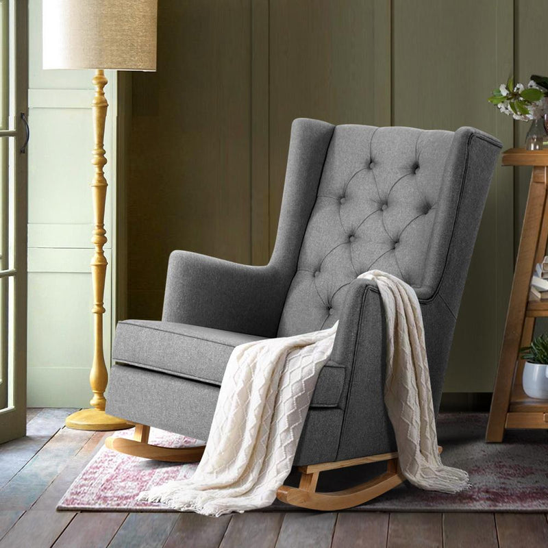 Artiss Rocking Armchair Feeding Chair Linen Fabric Armchairs Lounge Retro Grey Payday Deals