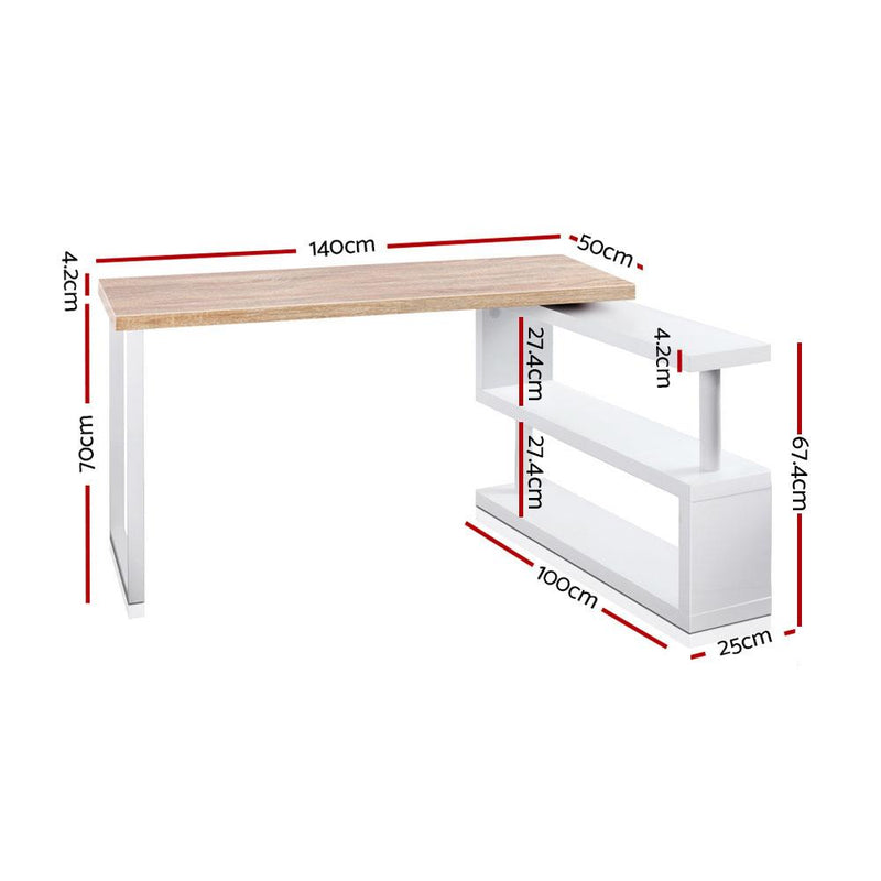 Artiss Rotary Corner Desk with Bookshelf - Brown & White Payday Deals