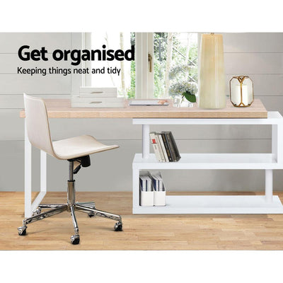 Artiss Rotary Corner Desk with Bookshelf - Brown & White Payday Deals