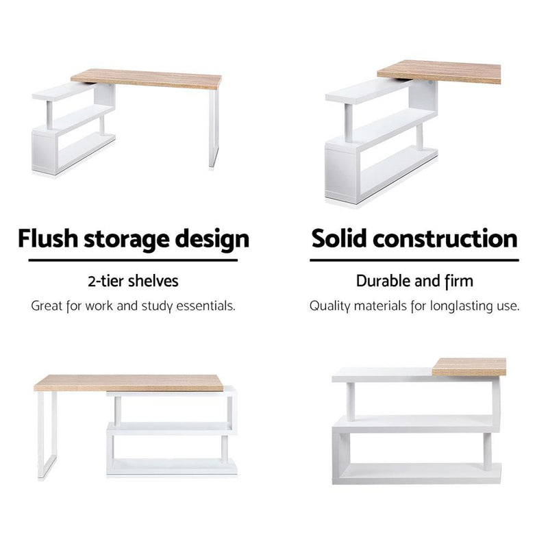 Artiss Rotary Corner Desk with Bookshelf - Brown & White Payday Deals