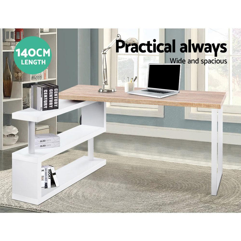 Artiss Rotary Corner Desk with Bookshelf - Brown & White Payday Deals