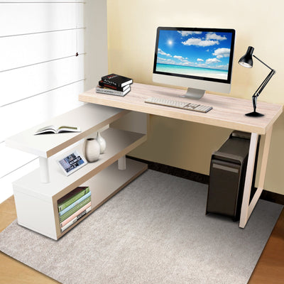 Artiss Rotary Corner Desk with Bookshelf - Brown & White Payday Deals