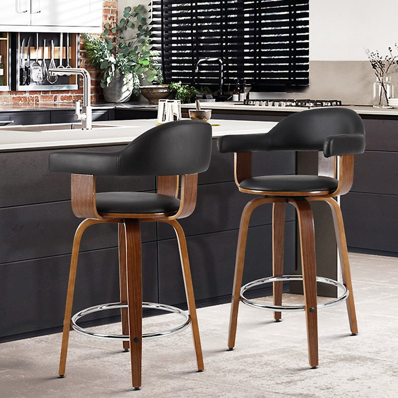 Artiss Set of 2 Bar Stools PU Leather Wooden Swivel - Wood, Chrome and Black Payday Deals