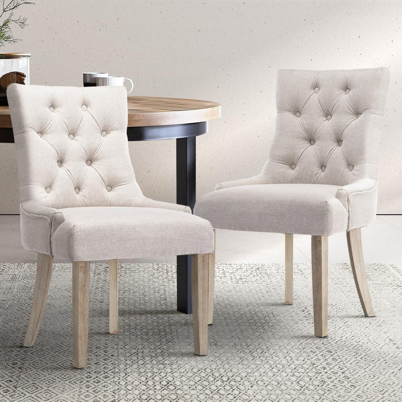 Artiss Set of 2 Dining Chair Beige CAYES French Provincial Chairs Wooden Fabric Retro Cafe Payday Deals