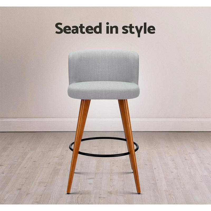 Artiss Set of 2 Wooden Fabric Bar Stools Circular Footrest - Light Grey Payday Deals