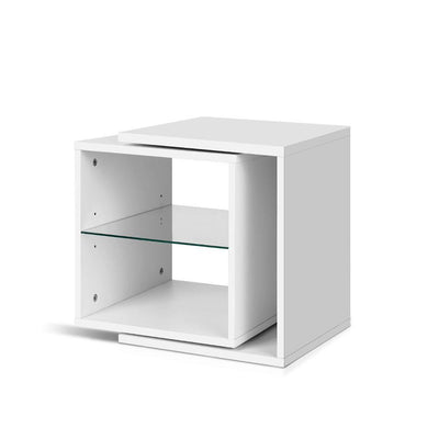 Side Table Swivel Bedside Square Table Coffee Table Glass Shelf White Payday Deals