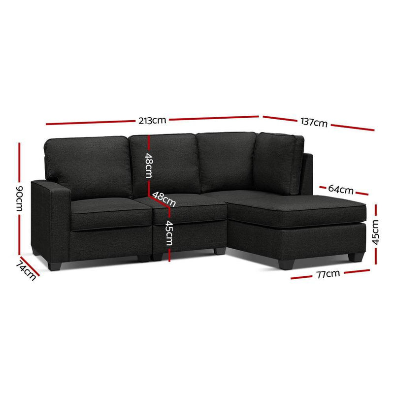 Artiss Sofa Lounge Set 4 Seater Modular Chaise Chair Couch Fabric Dark Grey Payday Deals