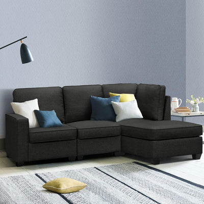 Artiss Sofa Lounge Set 4 Seater Modular Chaise Chair Couch Fabric Dark Grey Payday Deals
