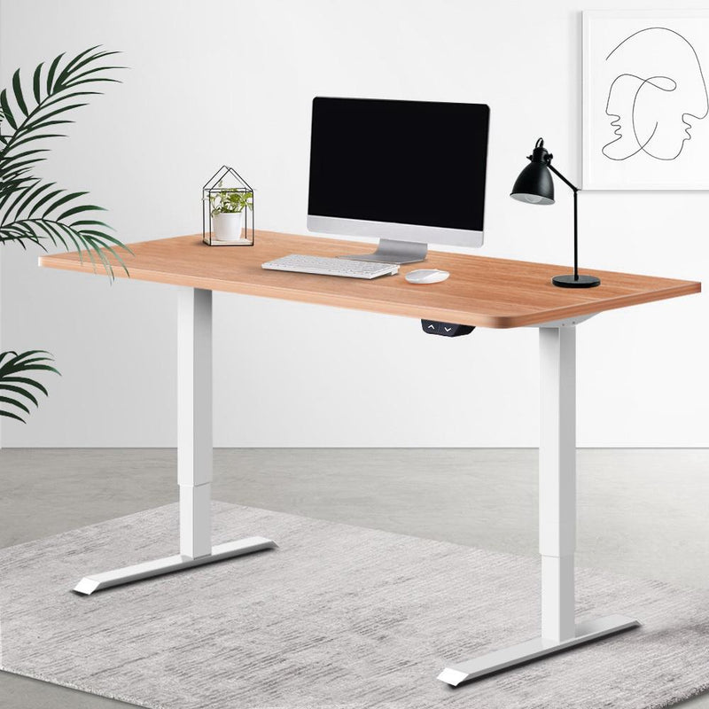 Artiss Standing Desk Adjustable Height Desk Electric Motorised White Frame Oak Desk Top 120cm