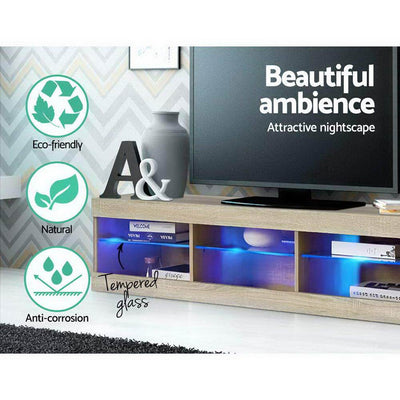 Artiss TV Cabinet Entertainment Unit Stand RGB LED Glass Shelf Storage 150cm Oak Payday Deals