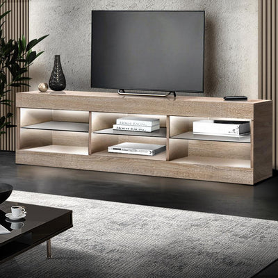 Artiss TV Cabinet Entertainment Unit Stand RGB LED Glass Shelf Storage 150cm Oak