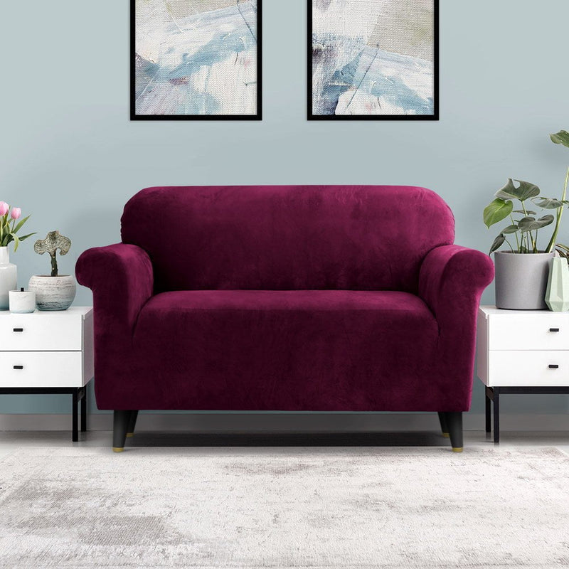 Artiss Velvet Sofa Cover Plush Couch Cover Lounge Slipcover 2 Seater Ruby Red Payday Deals