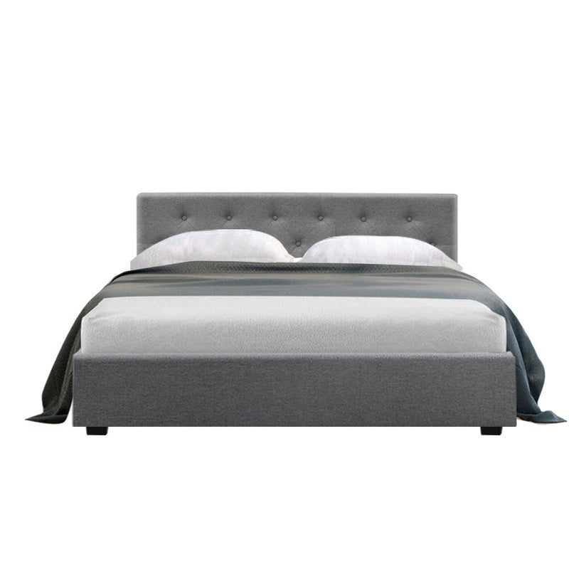 Artiss Vila Bed Frame Fabric Gas Lift Storage - Grey Double Payday Deals