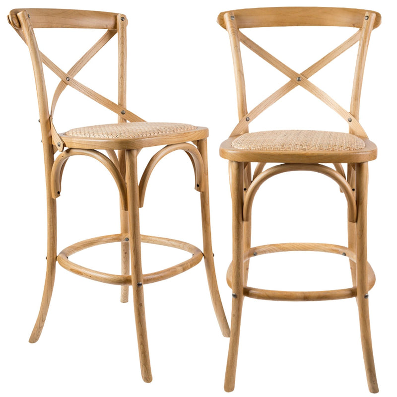 Aster 2pc Crossback Bar Stools Dining Chair Solid Birch Timber Rattan Seat - Oak Payday Deals