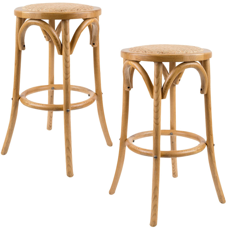 Aster 2pc Round Bar Stools Dining Stool Chair Solid Birch Timber Rattan Seat Oak Payday Deals