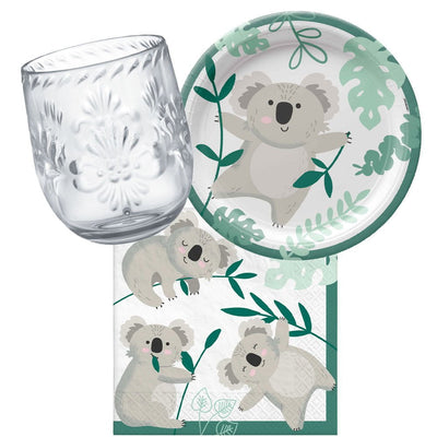 Australia Day Koala 8 Guest Tableware Pack with Plastic Stemless Wine Glasses