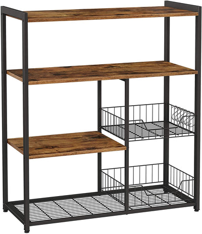 Baker’s Rack with 2 Metal Mesh Baskets, Shelves and Hooks, 80 x 35 x 95 cm, Industrial Style, Rustic Brown