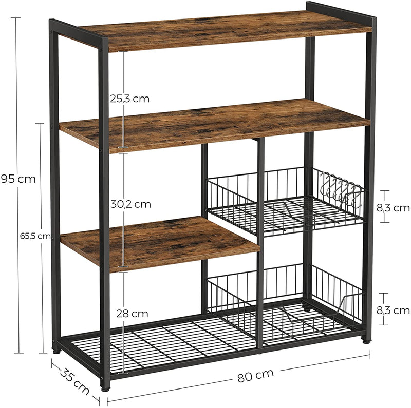 Baker’s Rack with 2 Metal Mesh Baskets, Shelves and Hooks, 80 x 35 x 95 cm, Industrial Style, Rustic Brown Payday Deals