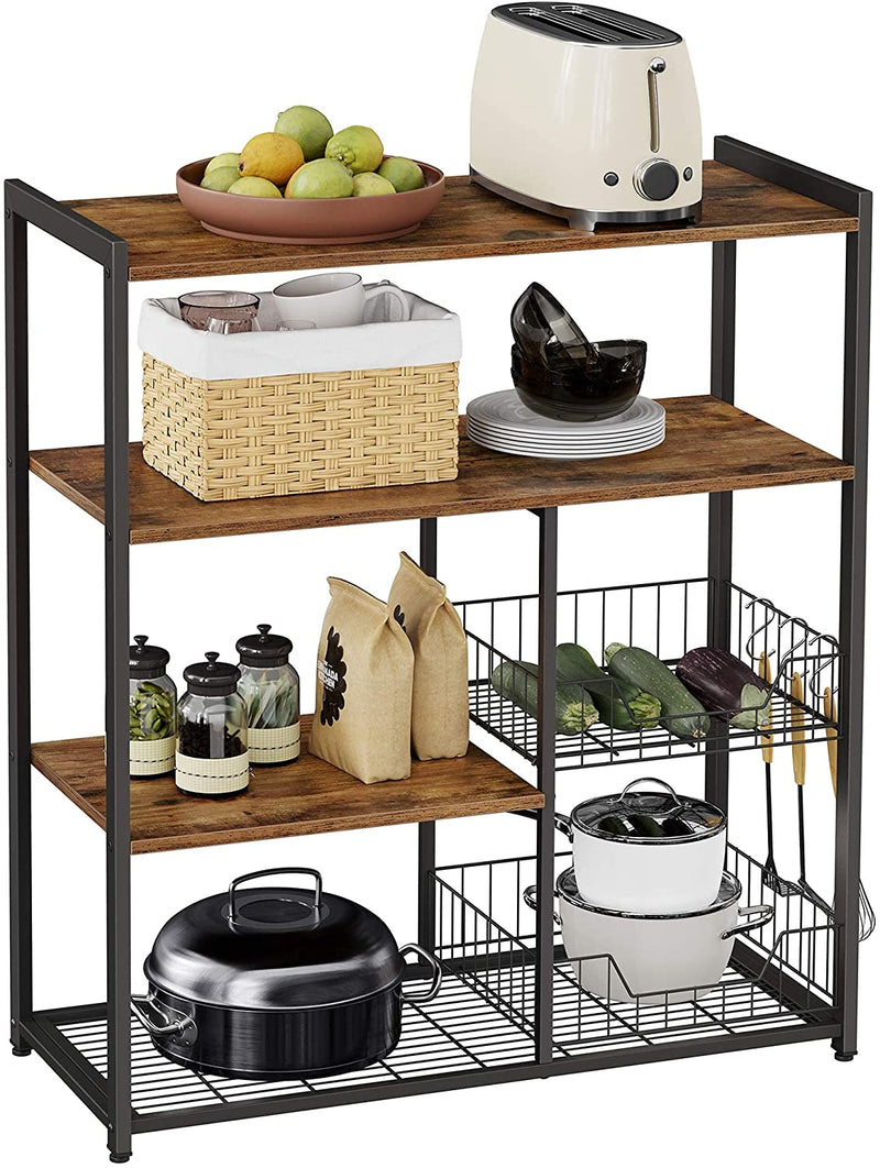 Baker’s Rack with 2 Metal Mesh Baskets, Shelves and Hooks, 80 x 35 x 95 cm, Industrial Style, Rustic Brown Payday Deals