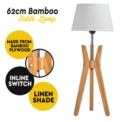 Bamboo Tripod Table Lamp Desk Modern Rustic Geo Light w Linen Shade Payday Deals