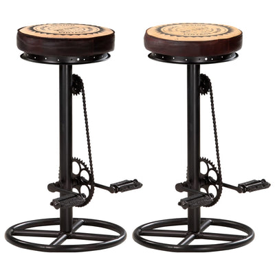 Bar Stools with Canvas Print 2 pcs Black and Brown Real Leather Payday Deals