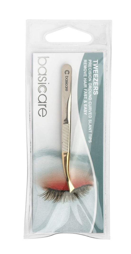 Basic Care Tweezers Curved Slant Tip 1/2 Gold Blade 8.5cm Payday Deals