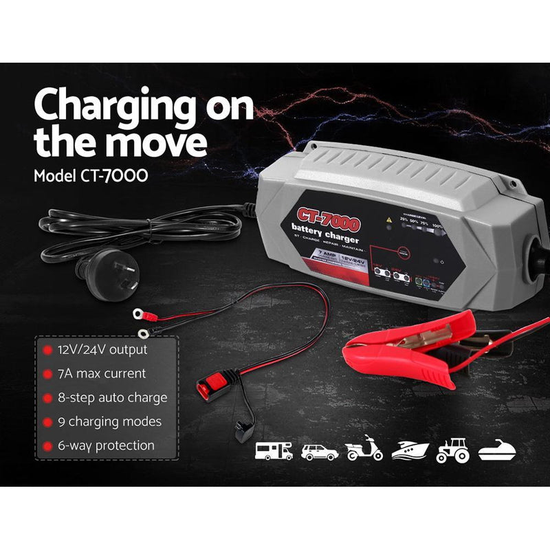 Smart Battery Charger 7A 12V 24V Automatic SLA AGM Car Truck Boat Motorcycle Caravan Payday Deals