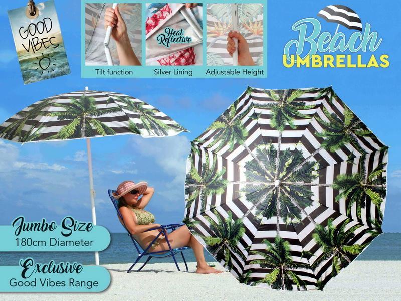 Beach Umbrella 180cm Striped Palm Design