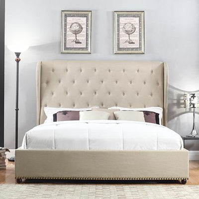 Bed Frame King Size in Beige Fabric Upholstered French Provincial High Bedhead