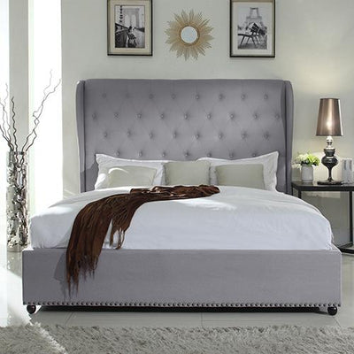 Bed Frame King Size in Grey Fabric Upholstered French Provincial High Bedhead