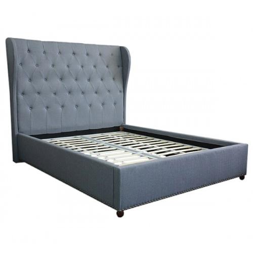 Bed Frame Queen Size in Grey Fabric Upholstered French Provincial High Bedhead Payday Deals