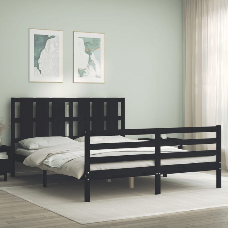 Bed Frame with Headboard Black 153x203 cm Queen Solid Wood Payday Deals