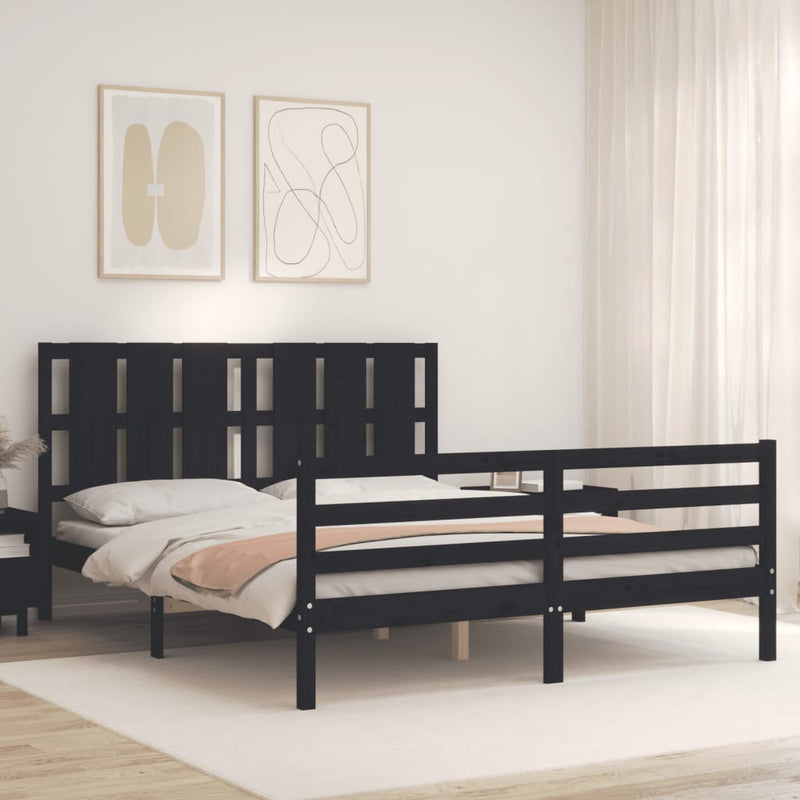 Bed Frame with Headboard Black 153x203 cm Queen Solid Wood Payday Deals