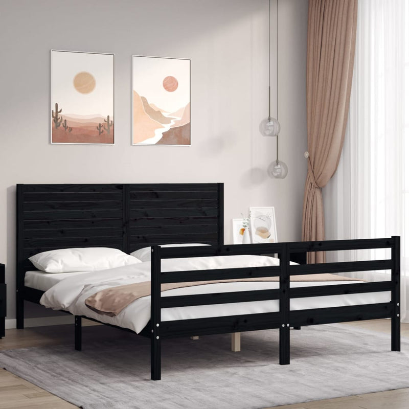 Bed Frame with Headboard Black 153x203 cm Queen Solid Wood Payday Deals