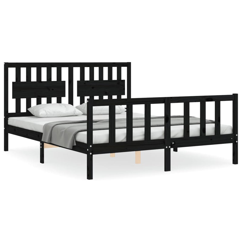 Bed Frame with Headboard Black 153x203 cm Queen Solid Wood Payday Deals