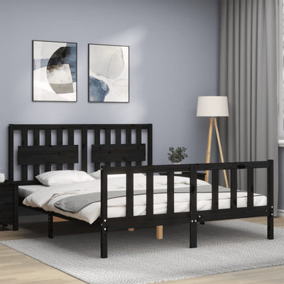 Bed Frame with Headboard Black 153x203 cm Queen Solid Wood Payday Deals