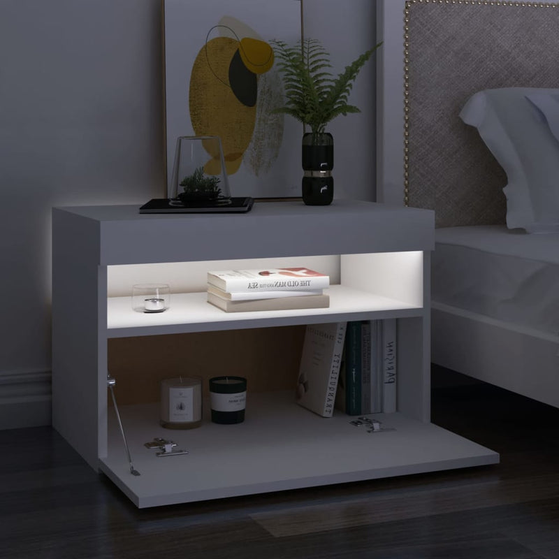 Bedside Cabinet & LED Lights White 60x35x40 cm Engineered Wood Payday Deals
