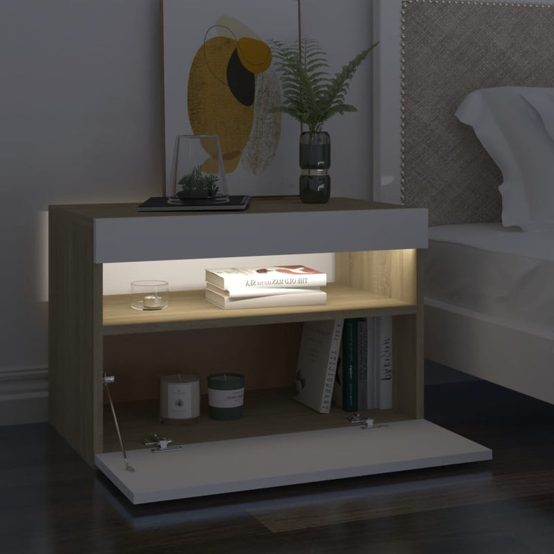 Bedside Cabinet & LED Lights White and Sonoma Oak 60x35x40 cm Payday Deals