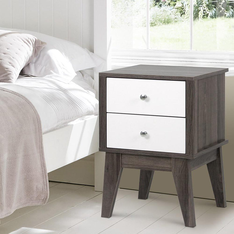 Bedside Table with Drawers - White & Dark Grey