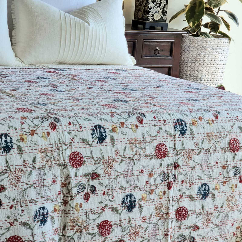 Berries Kantha Bedspread Coverlet - White (King - 228 cm x 274 cm) Payday Deals