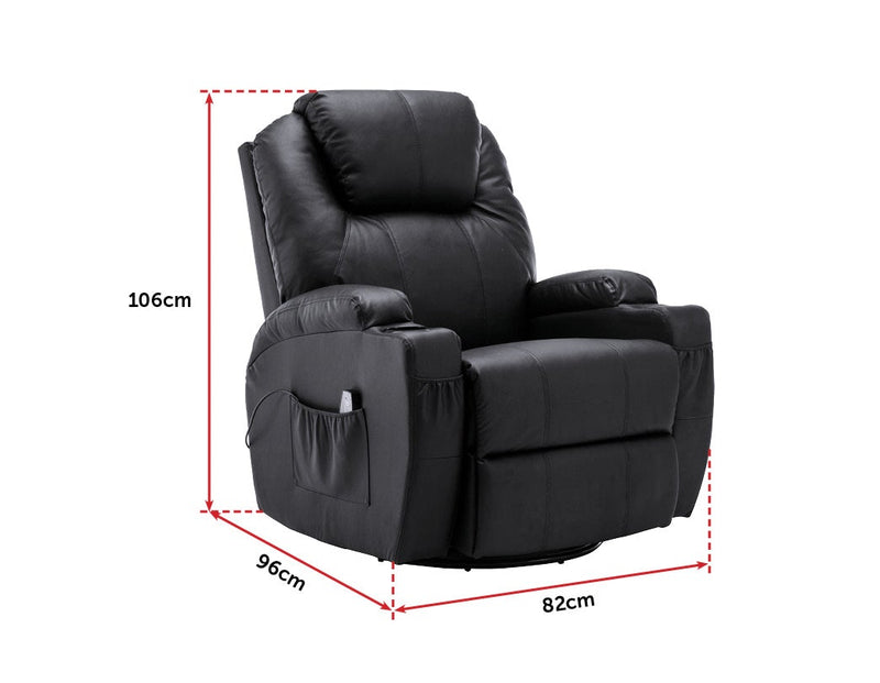 Black Massage Sofa Chair Recliner 360 Degree Swivel PU Leather Lounge 8 Point Heated Payday Deals