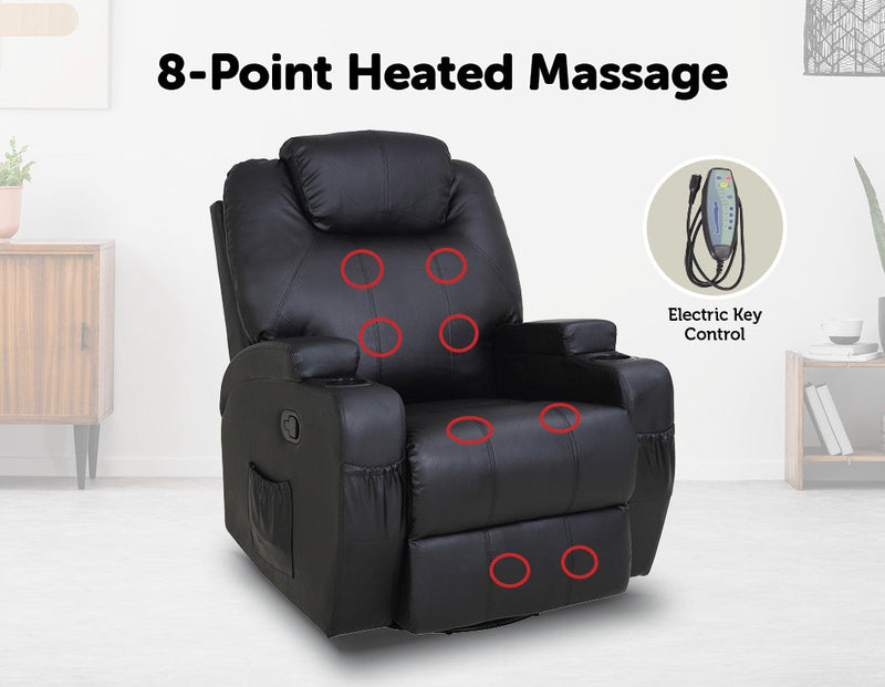 Black Massage Sofa Chair Recliner 360 Degree Swivel PU Leather Lounge 8 Point Heated Payday Deals