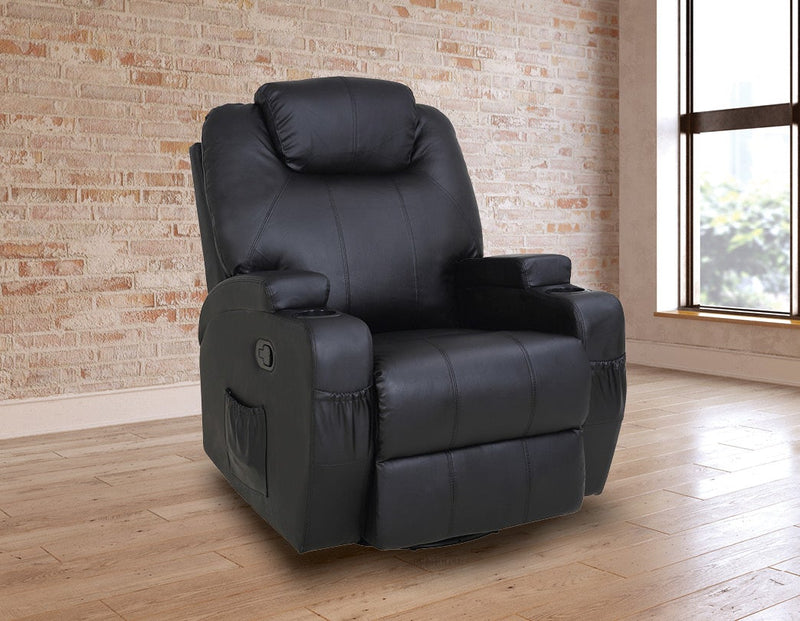 Black Massage Sofa Chair Recliner 360 Degree Swivel PU Leather Lounge 8 Point Heated Payday Deals