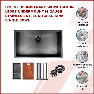 BRIENZ 32-inch Nano Workstation Ledge Undermount 16 Gauge Stainless Steel Kitchen Sink Single Bowl Payday Deals