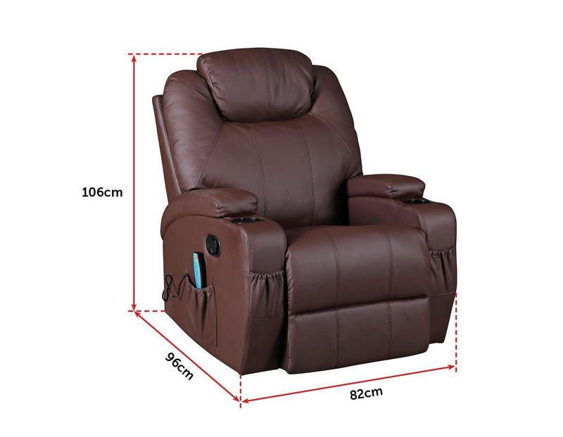 Brown Massage Sofa Chair Recliner 360 Degree Swivel PU Leather Lounge 8 Point Heated Payday Deals