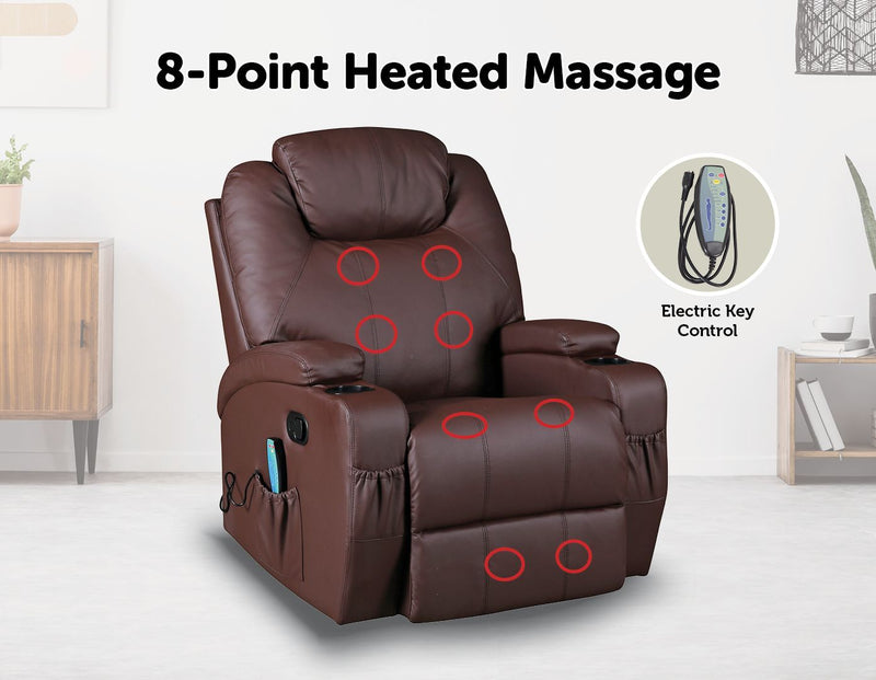 Brown Massage Sofa Chair Recliner 360 Degree Swivel PU Leather Lounge 8 Point Heated Payday Deals