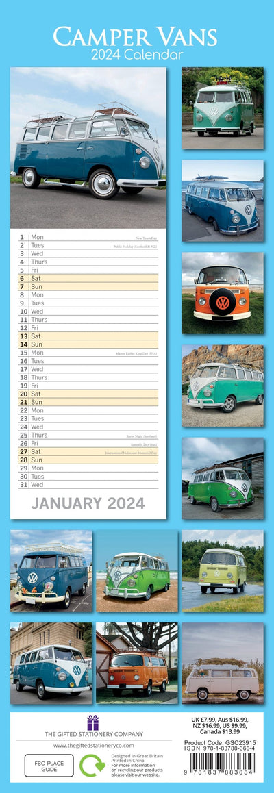 Camper Vans - 2024 Slimline Slim Wall Calendar Hanging Planner New Year Gift Payday Deals