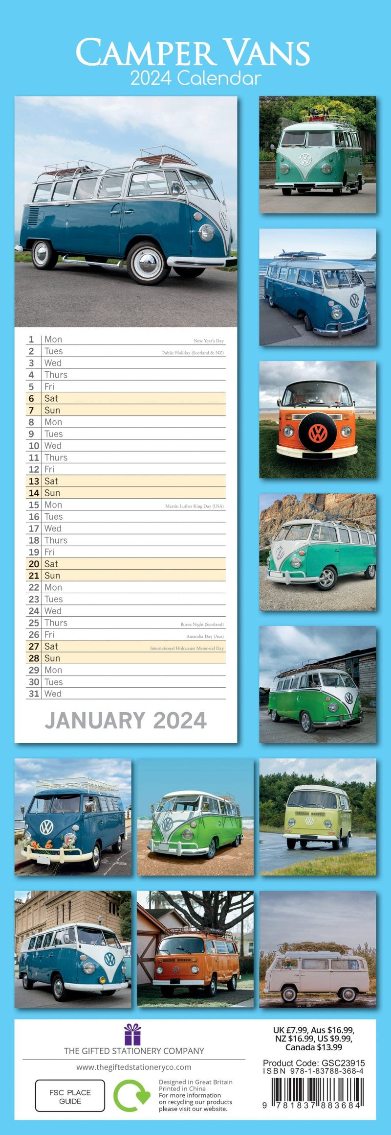 Camper Vans - 2024 Slimline Slim Wall Calendar Hanging Planner New Year Gift Payday Deals